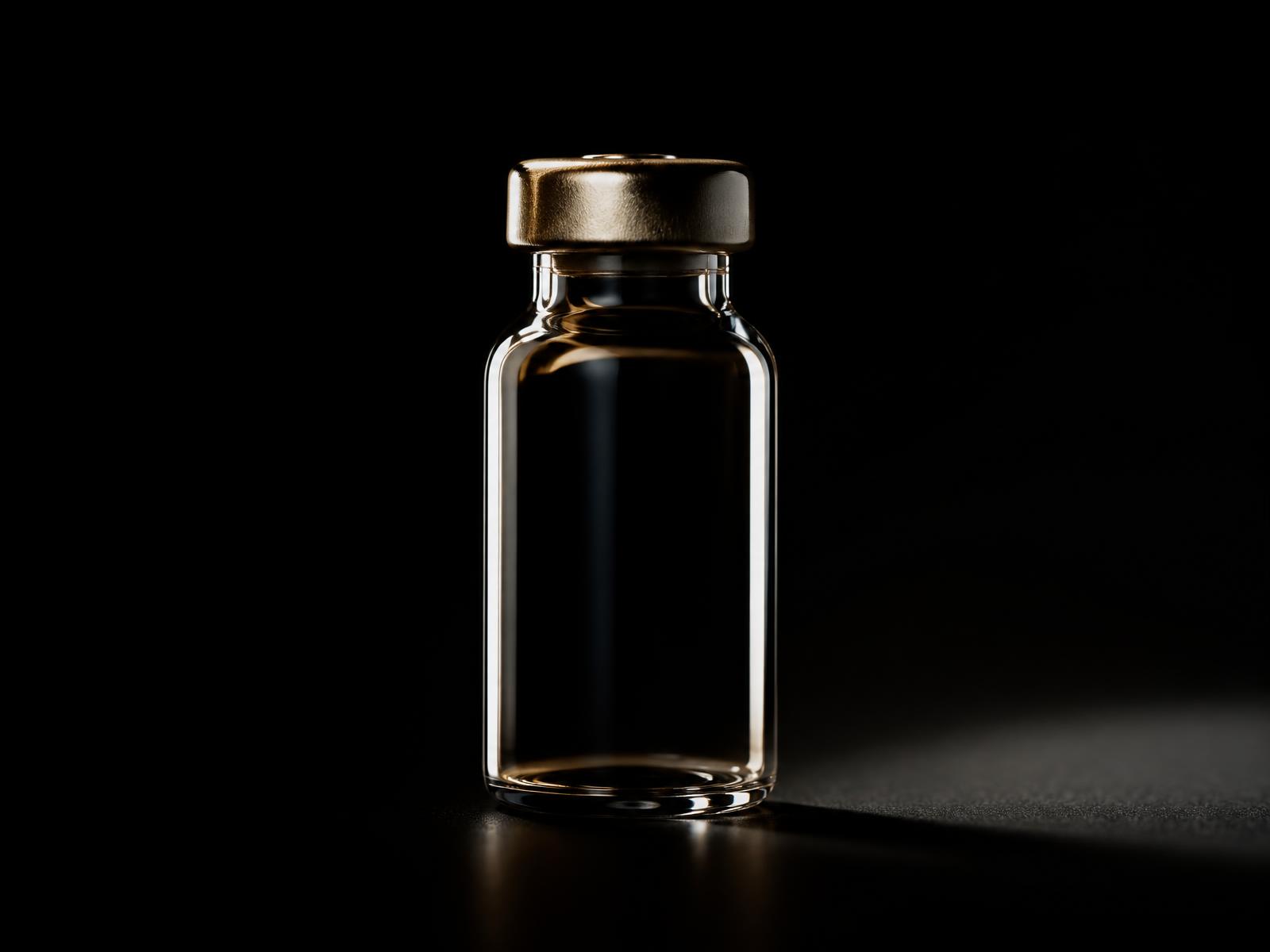 Macro photograph of a premium glass vial with a champagne metallic cap